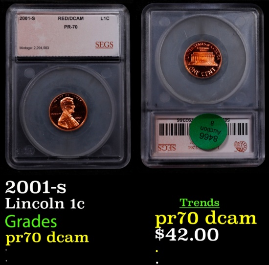 2001-s Proof Lincoln Cent 1c pr70 dcam SEGS