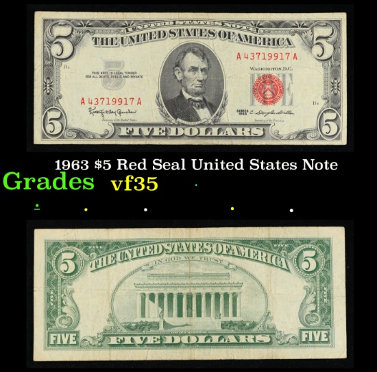 1963 $5 Red Seal United States Note Grades vf++
