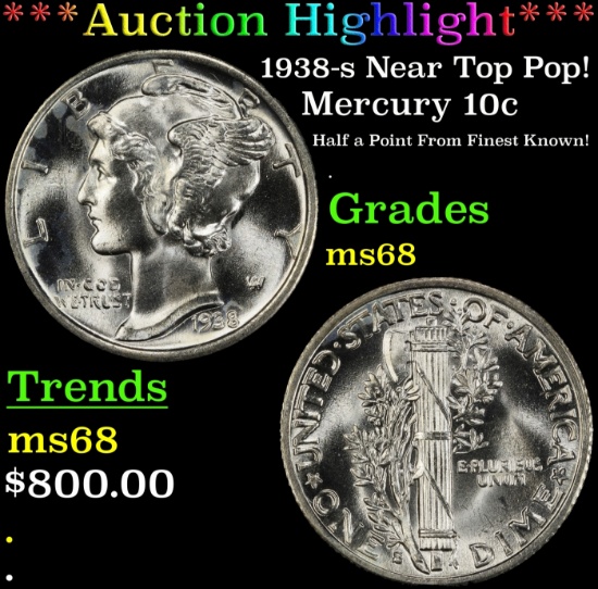 *Highlight* 1938-s Mercury Dime Near Top Pop! 10c ms68 SEGS (fc)