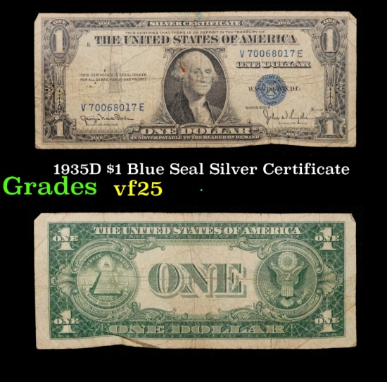 1935D $1 Blue Seal Silver Certificate Grades vf+