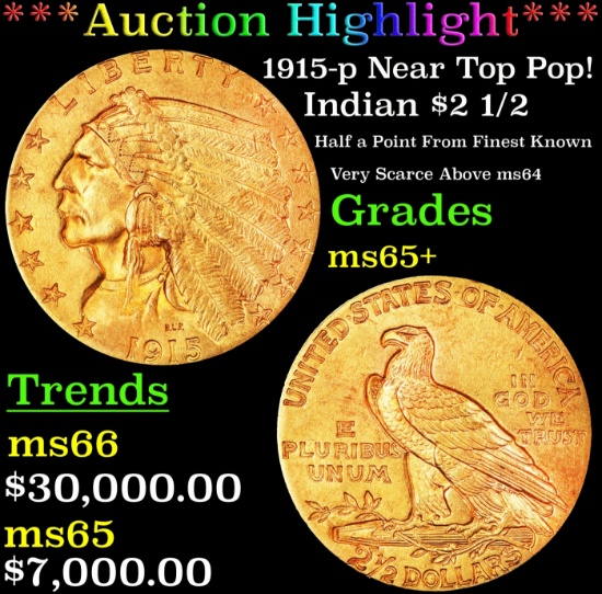 *Highlight* 1915-p Gold Indian Quarter Eagle Near Top Pop! $2 1/2 GEM+ Unc USCG (fc)