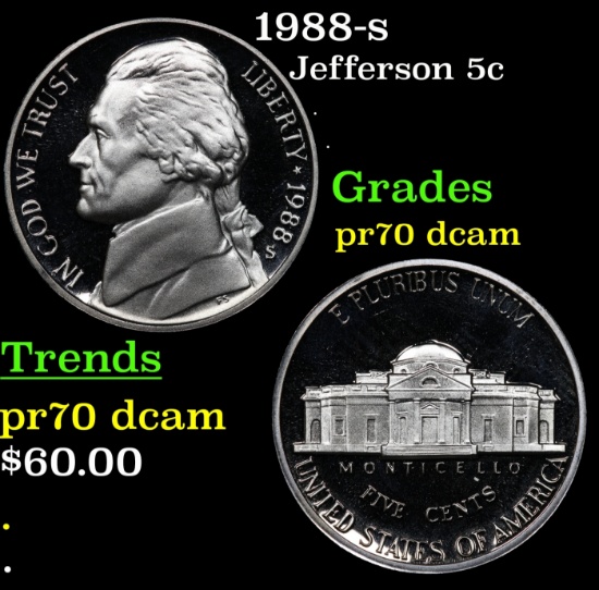 1988-s Proof Jefferson Nickel 5c pr70 dcam SEGS