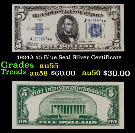 1934A $5 Blue Seal Silver Certificate Grades Choice AU