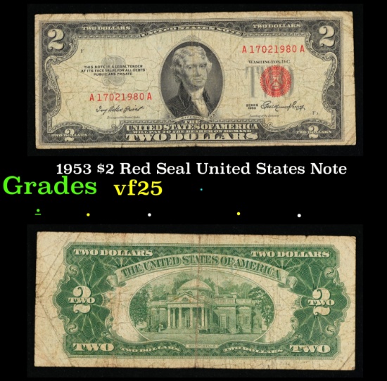 1953 $2 Red Seal United States Note Grades vf+