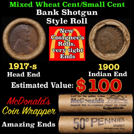 Small Cent Mixed Roll Orig Brandt McDonalds Wrapper, 1917-s Lincoln Wheat end, 1900 Indian other end