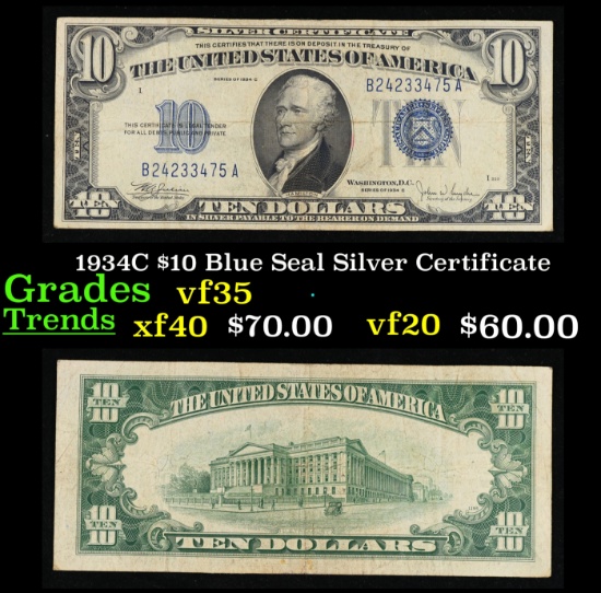 1934C $10 Blue Seal Silver Certificate Grades vf++