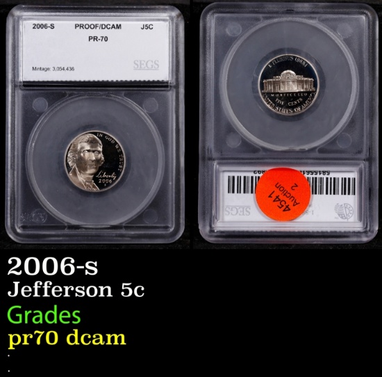 2006-s Proof Jefferson Nickel 5c pr70 dcam SEGS