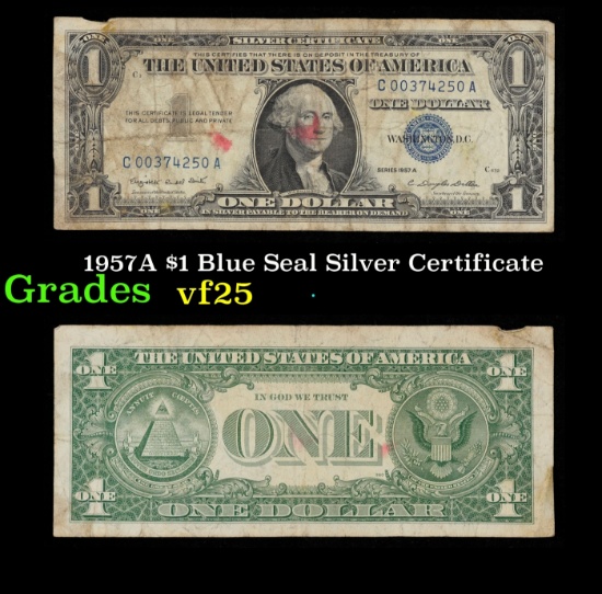 1957A $1 Blue Seal Silver Certificate Grades vf+