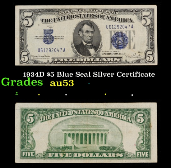 1934D $5 Blue Seal Silver Certificate Grades Select AU
