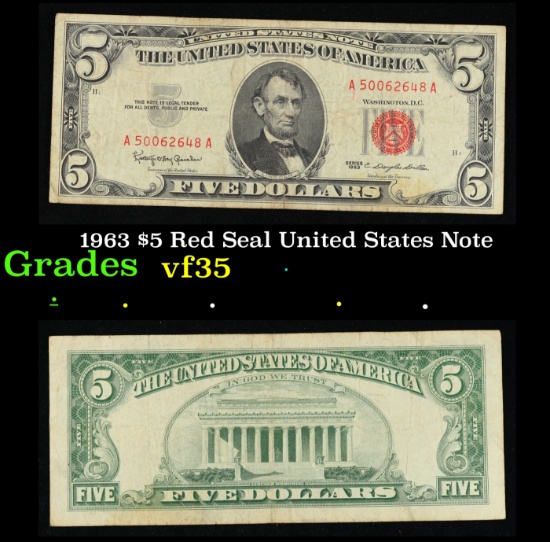1963 $5 Red Seal United States Note Grades vf++