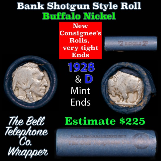 Buffalo Nickel Shotgun Roll in Old Bank Style 'Bell Telephone' Wrapper 1928 & d Mint Ends