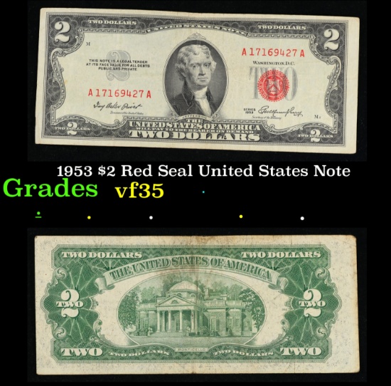1953 $2 Red Seal United States Note Grades vf++