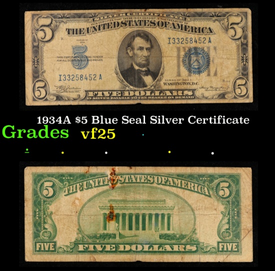 1934A $5 Blue Seal Silver Certificate Grades vf+