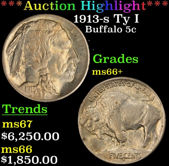 *Highlight* 1913-s Ty I Buffalo Nickel 5c ms66+ SEGS (fc)