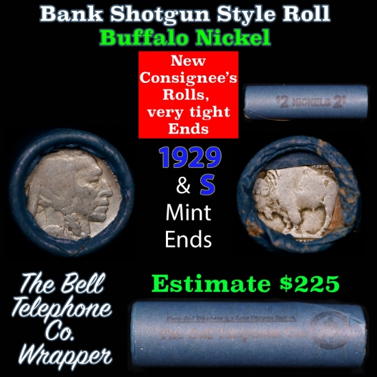 Buffalo Nickel Shotgun Roll in Old Bank Style 'Bell Telephone' Wrapper 1929 & s Mint Ends
