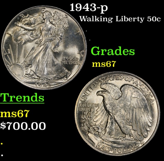 1943-p Walking Liberty Half Dollar 50c Grades GEM++ Unc