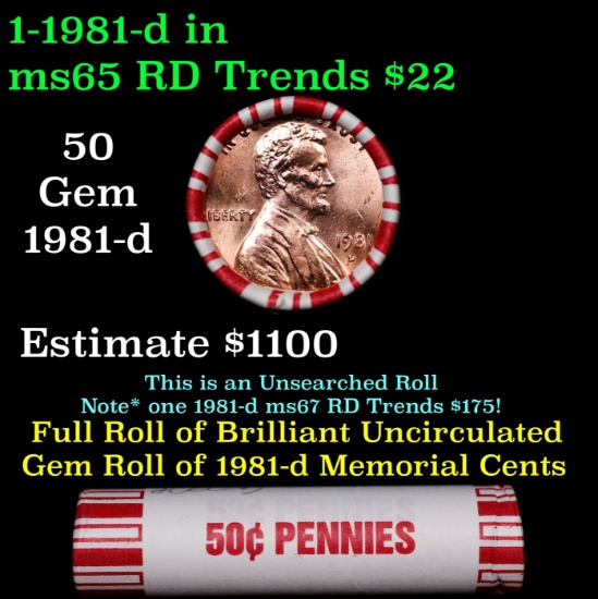 BU Shotgun Lincoln 1c roll, 1981-d 50 pcs Bank Wrapper 50c