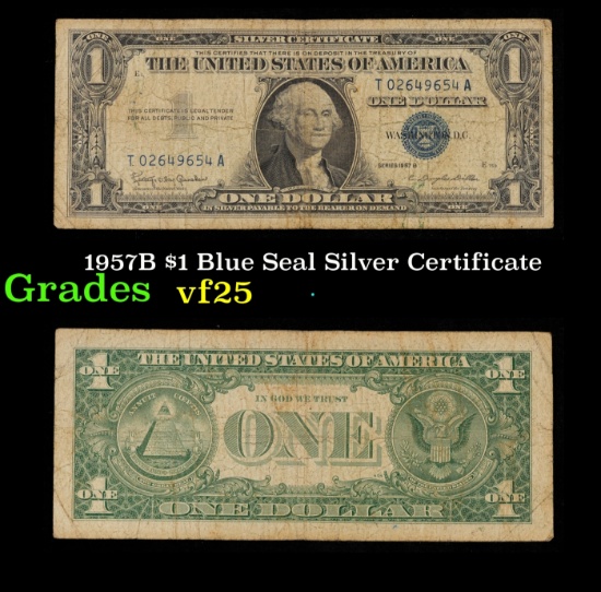 1957B $1 Blue Seal Silver Certificate Grades vf+