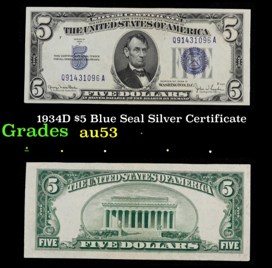 1934D $5 Blue Seal Silver Certificate Grades Select AU