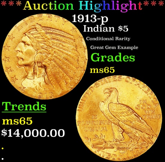 *Highlight* 1913-p Gold Indian Half Eagle $5 GEM Unc USCG (fc)
