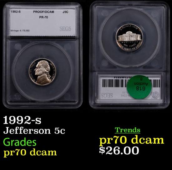 1992-s Proof Jefferson Nickel 5c pr70 dcam SEGS
