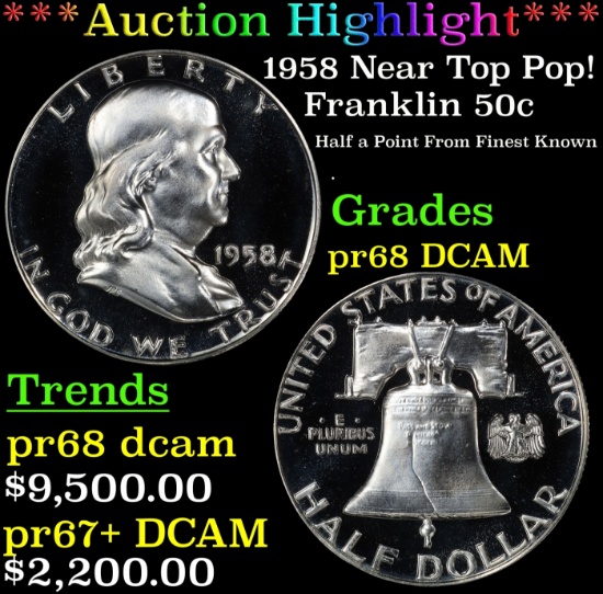 *Highlight* 1958 Proof Franklin Half Dollar Near Top Pop! 50c pr68 DCAM SEGS (fc)