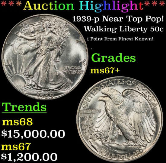 *Highlight* 1939-p Walking Liberty Half Dollar Near Top Pop! 50c ms67+ SEGS (fc)