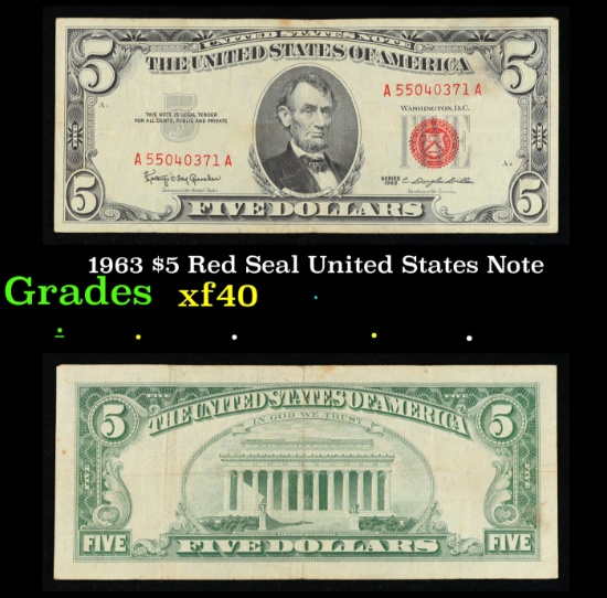 1963 $5 Red Seal United States Note Grades xf