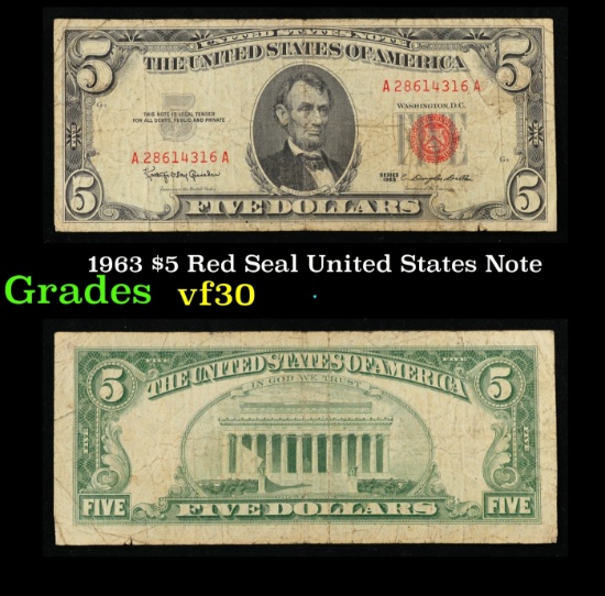 1963 $5 Red Seal United States Note Grades vf++