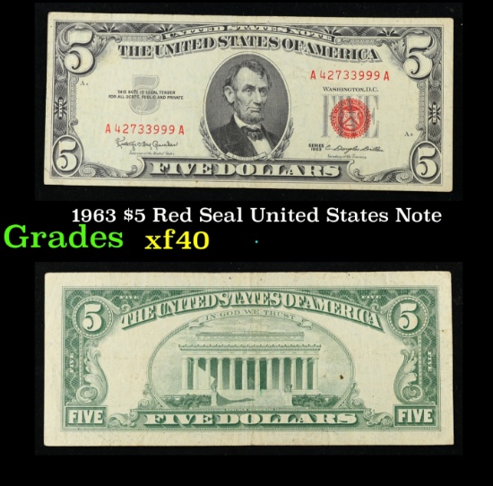1963 $5 Red Seal United States Note Grades xf