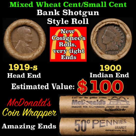Small Cent Mixed Roll Orig Brandt McDonalds Wrapper, 1919-s Lincoln Wheat end, 1900 Indian other end