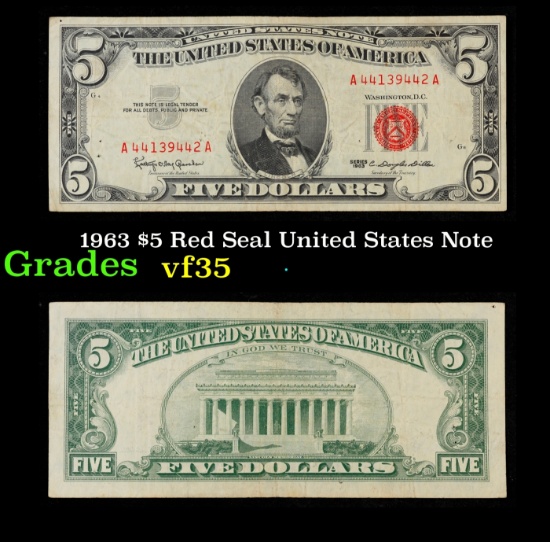 1963 $5 Red Seal United States Note Grades vf++