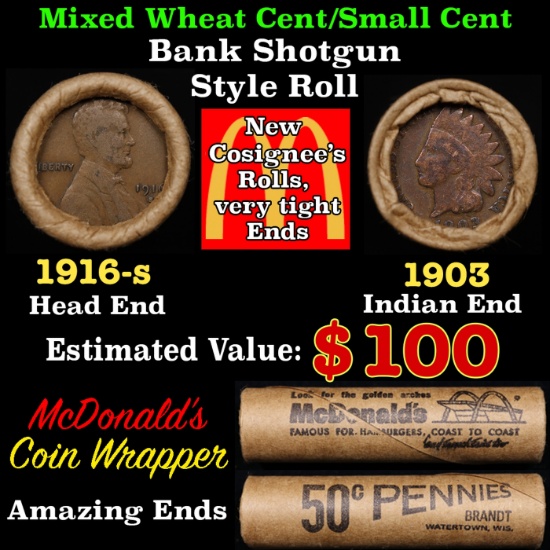 Small Cent Mixed Roll Orig Brandt McDonalds Wrapper, 1916-s Lincoln Wheat end, 1903 Indian other end