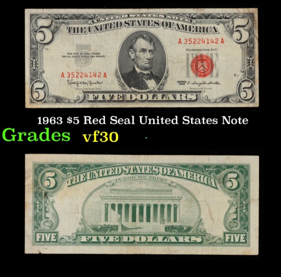 1963 $5 Red Seal United States Note Grades vf++