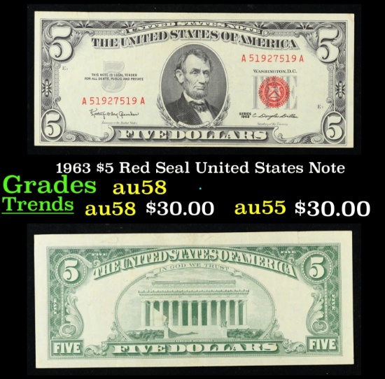 1963 $5 Red Seal United States Note Grades Choice AU/BU Slider