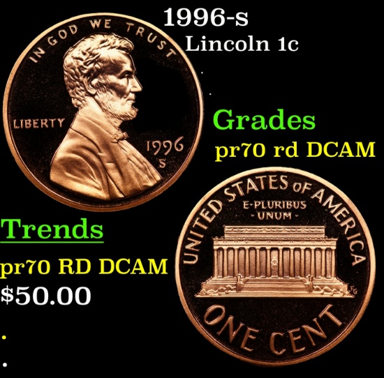 1996-s Proof Lincoln Cent 1c pr70 rd DCAM SEGS