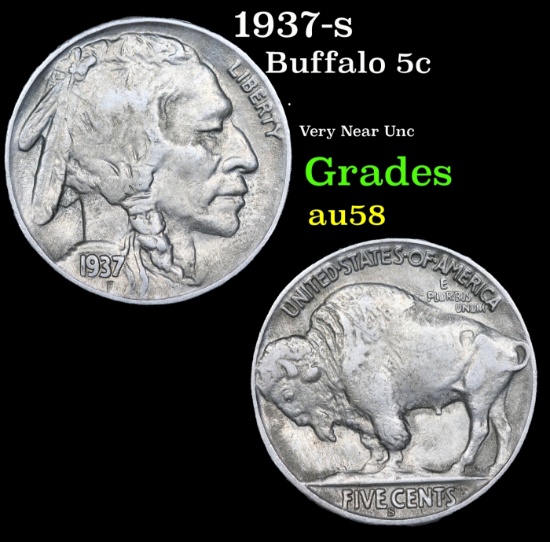 1937-s Buffalo Nickel 5c Grades Choice AU/BU Slider