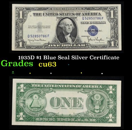 1935D $1 Blue Seal Silver Certificate Grades Select CU