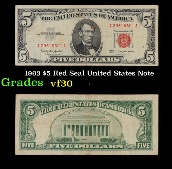 1963 $5 Red Seal United States Note Grades vf++