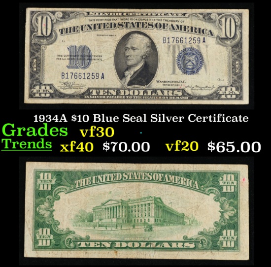 1934A $10 Blue Seal Silver Certificate Grades vf++