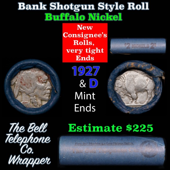 Buffalo Nickel Shotgun Roll in Old Bank Style 'Bell Telephone' Wrapper 1927 & d Mint Ends