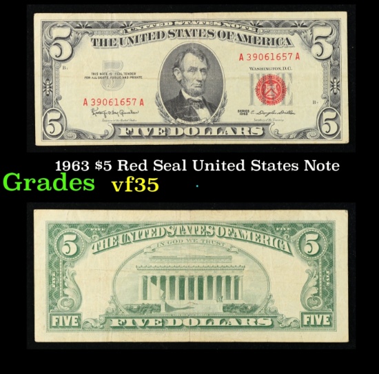 1963 $5 Red Seal United States Note Grades vf++