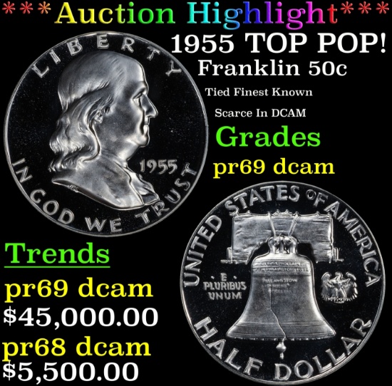 *Highlight* 1955 Proof Franklin Half Dollar TOP POP! 50c pr69 dcam SEGS (fc)
