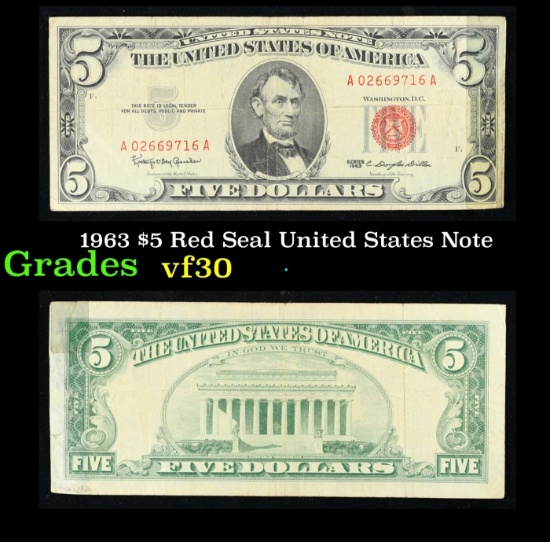 1963 $5 Red Seal United States Note Grades vf++