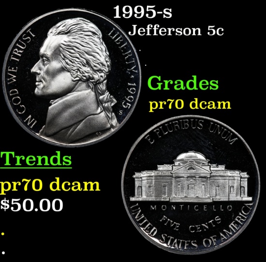 1995-s Proof Jefferson Nickel 5c pr70 dcam SEGS