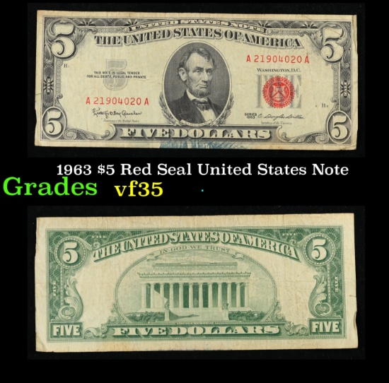 1963 $5 Red Seal United States Note Grades vf++