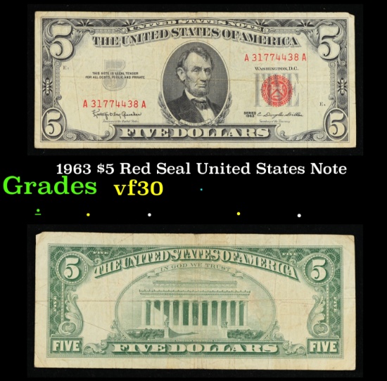 1963 $5 Red Seal United States Note Grades vf++