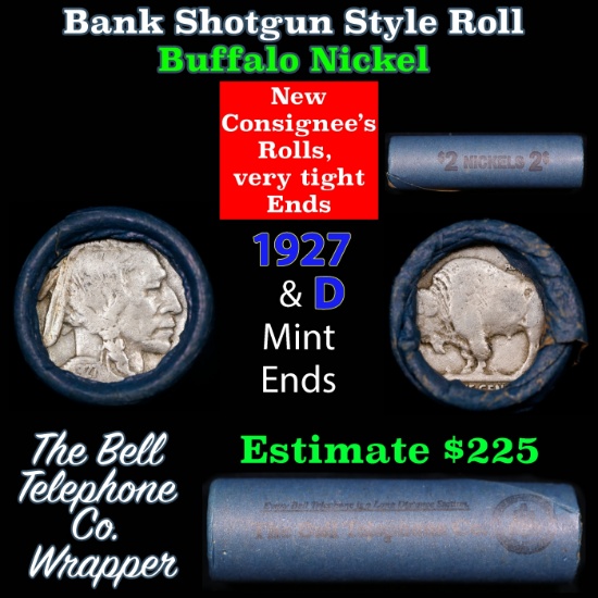 Buffalo Nickel Shotgun Roll in Old Bank Style 'Bell Telephone' Wrapper 1927 & d Mint Ends