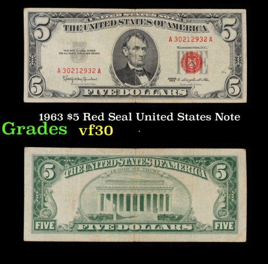 1963 $5 Red Seal United States Note Grades vf++