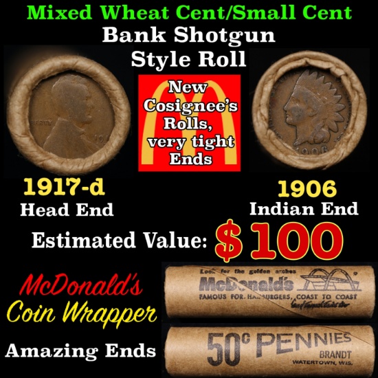 Small Cent Mixed Roll Orig Brandt McDonalds Wrapper, 1917-d Lincoln Wheat end, 1906 Indian other end